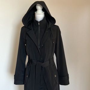 London Fog Women's Black Maxi Trench Coat with Hood + Bib, Size Small